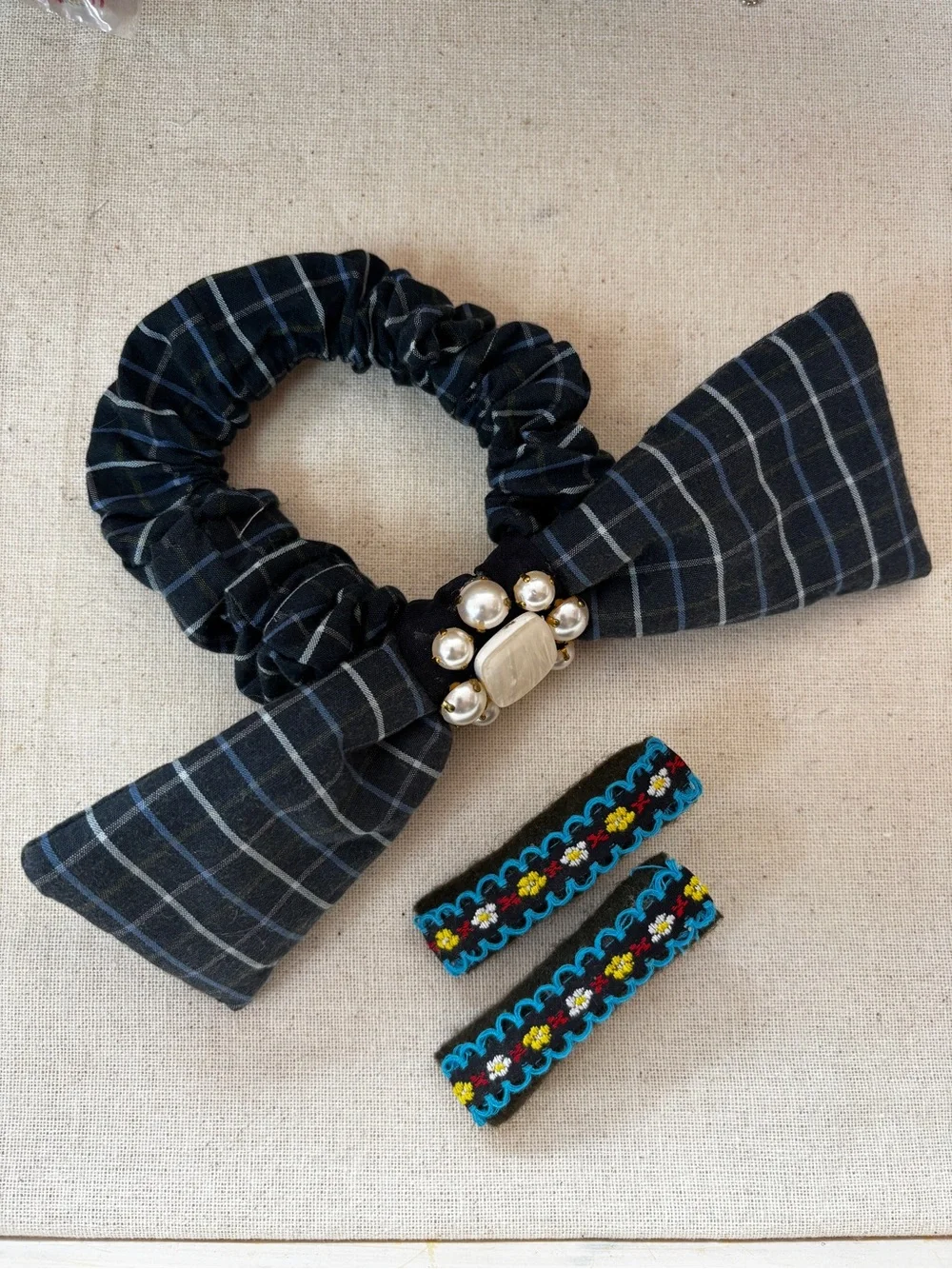 Plaid Bow Scrunchie with Pearl Accent and Wool Floral Hair Clips
